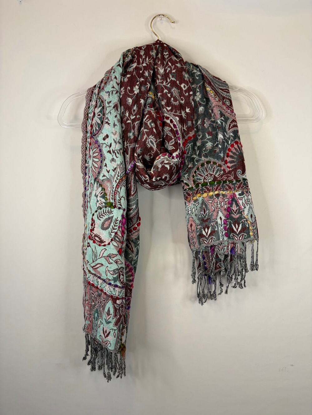 Boho Embroidered Scarf Wide Fringe Hem Red Blue Knit Paisley Floral